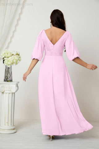 Numbersea Formal Prom Gown Women V-Neck Chiffon Bridesmaid Dresses Long Bishop Sleeve Party Dress 2807-numbersea