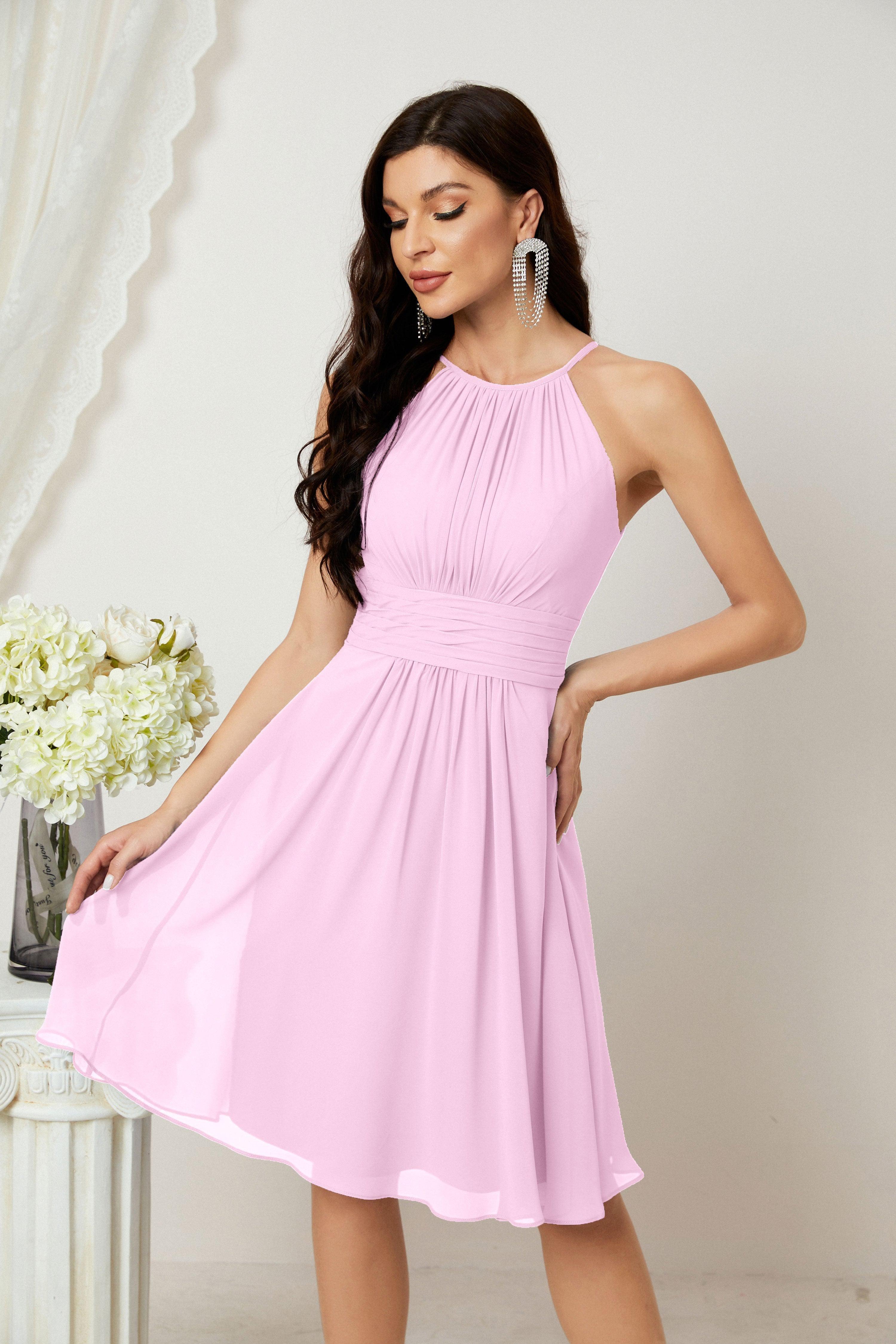 Halter Bridesmaid Dresses Knee Length A Line Formal Evening Party Cocktail Dress 28011