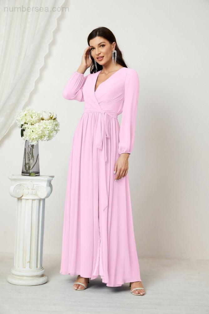 Numbersea Evening Dresses Deep V-Neck Chiffon Bridesmaid Dresses Long Bishop Sleeve Side Split Formal Dress 2806-numbersea