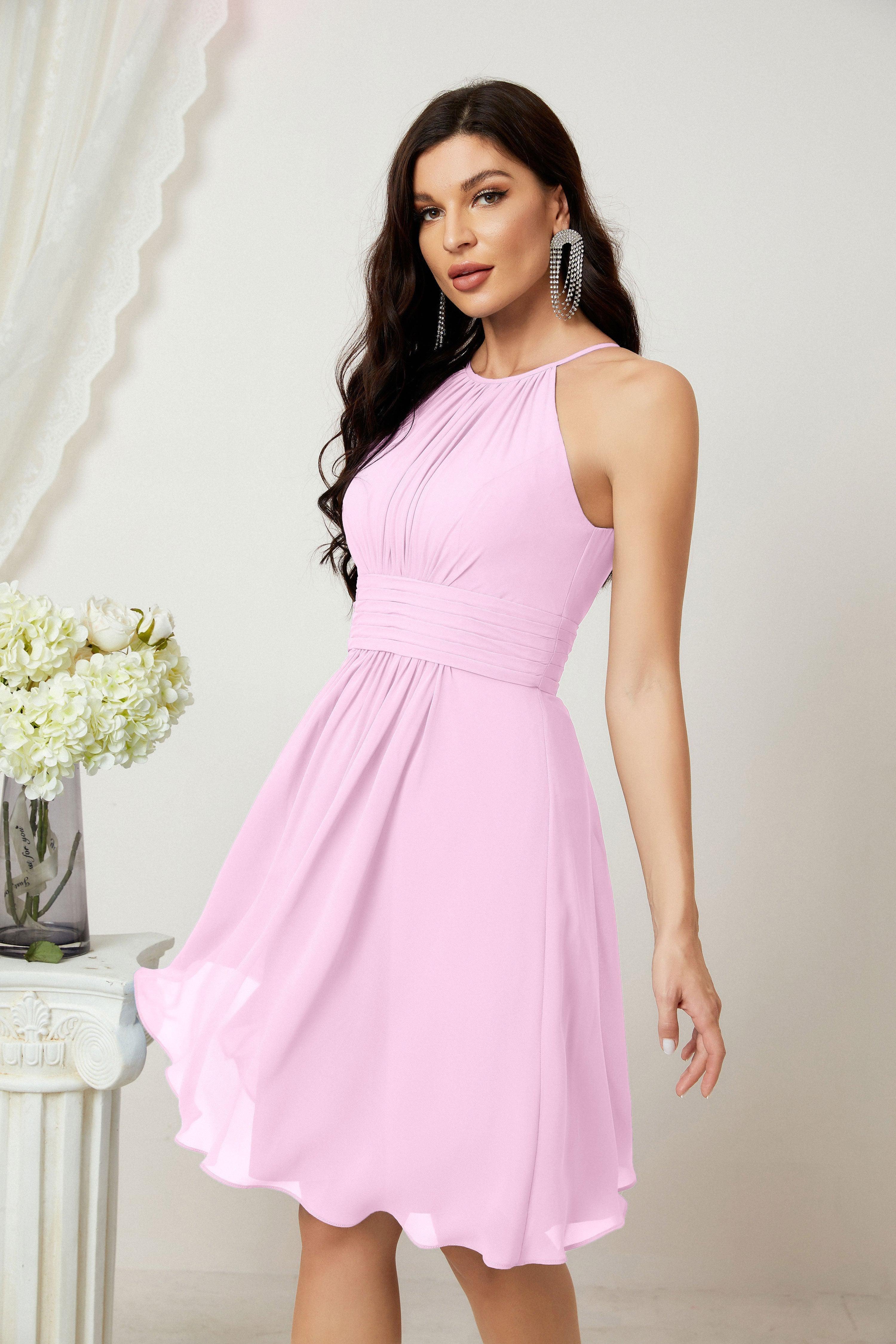 Halter Bridesmaid Dresses Knee Length A Line Formal Evening Party Cocktail Dress 28011