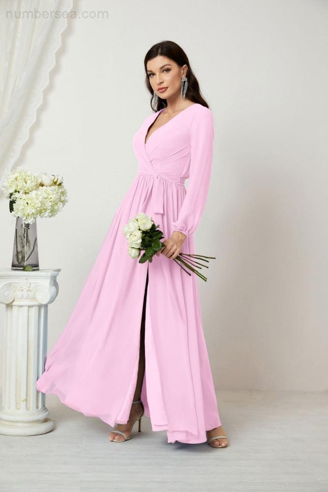 Numbersea Evening Dresses Deep V-Neck Chiffon Bridesmaid Dresses Long Bishop Sleeve Side Split Formal Dress 2806-numbersea