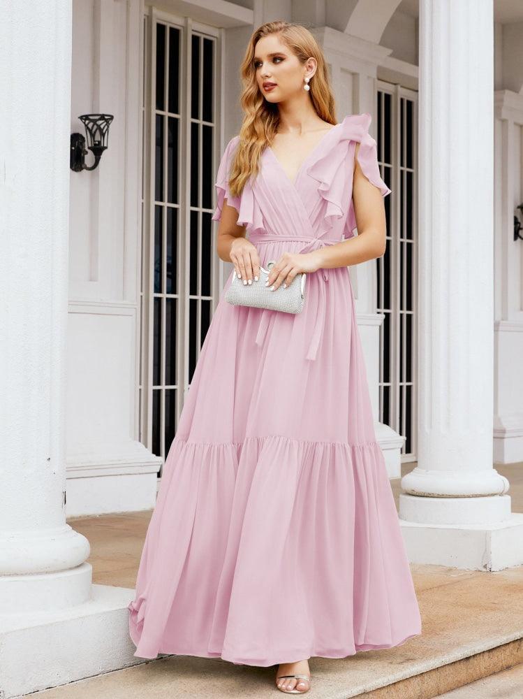 Numbersea Women's Open Back Formal Evening Party Prom Gowns V-Neck Long Chiffon Bridesmaid Dresses with Waist Belt 28038-numbersea