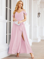 Numbersea Off The Shoulder Chiffon Bridesmaid Dress Long Formal Graduation Gown with Cowl Back 28069-numbersea