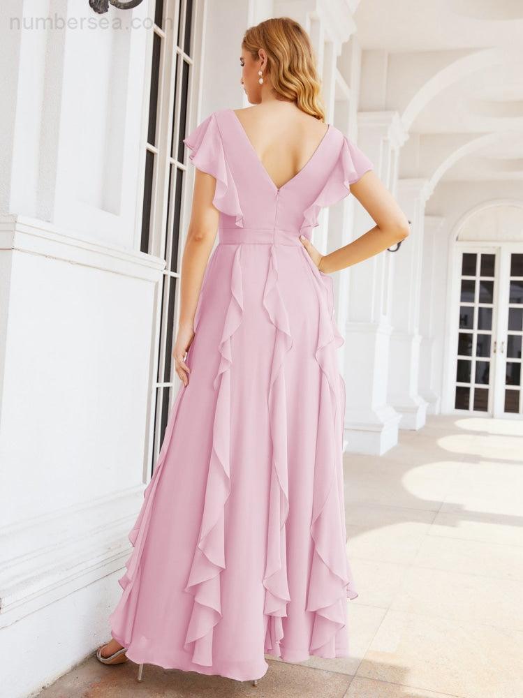 Ruffled Bridesmaid Dresses with Sleeves Long Formal Party Dress 28041-numbersea
