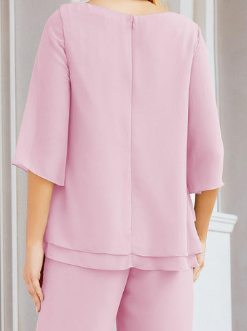 Numbersea Elegant 2 Piece Mother of The Bride Dress Plus Size Pant Suits Ruffle Layers Sliver Housecoat 28064