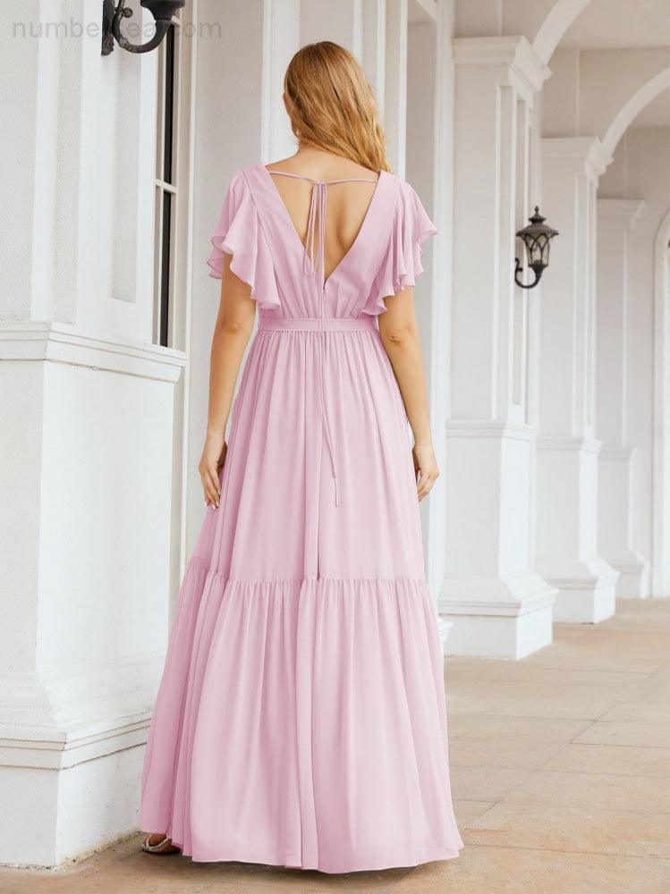 Numbersea Women's Open Back Formal Evening Party Prom Gowns V-Neck Long Chiffon Bridesmaid Dresses with Waist Belt 28038-numbersea
