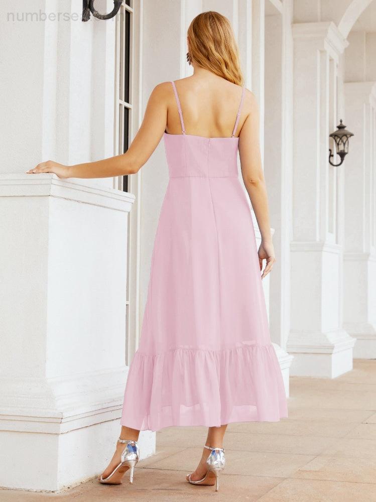 Numbersea Women Strap Chiffon Bridesmaid Dress Ankle Length Sleeveless Blackless Ruffle A Line