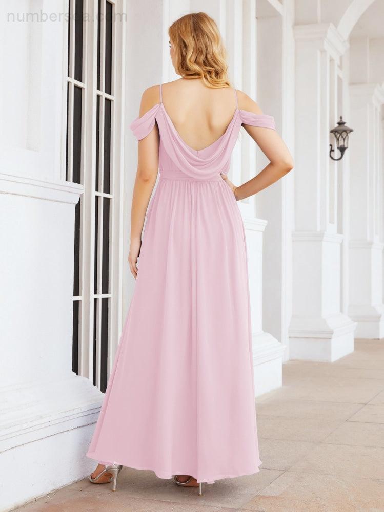 Numbersea Off The Shoulder Chiffon Bridesmaid Dress Long Formal Graduation Gown with Cowl Back 28069-numbersea