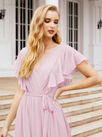 Numbersea Women's Open Back Formal Evening Party Prom Gowns V-Neck Long Chiffon Bridesmaid Dresses with Waist Belt 28038-numbersea