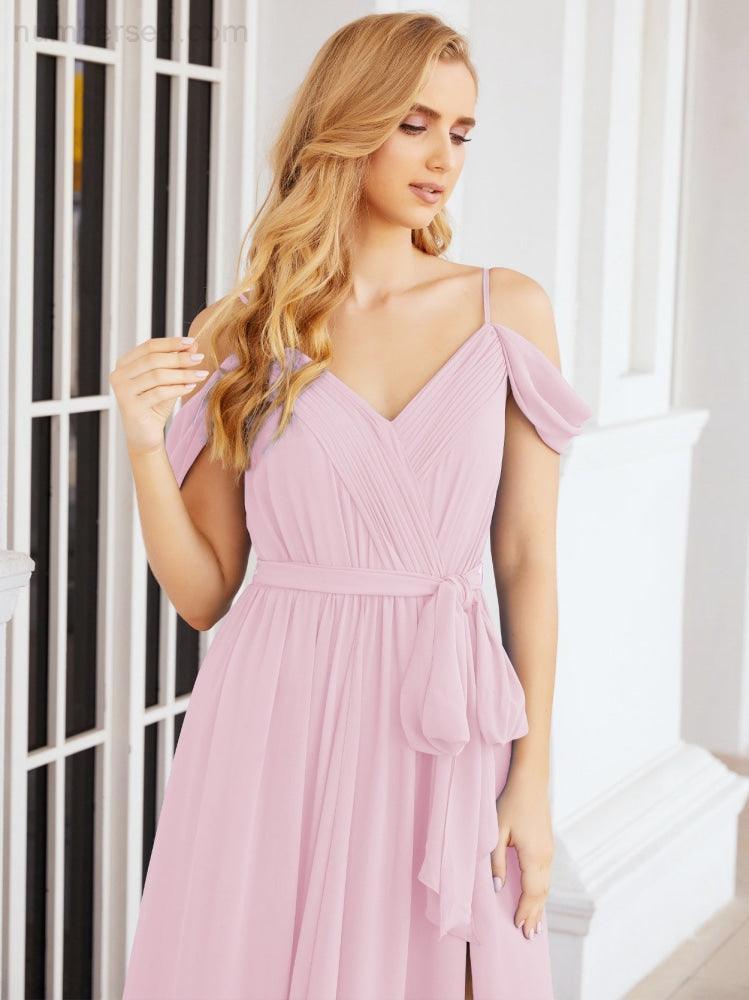 Numbersea Off The Shoulder Chiffon Bridesmaid Dress Long Formal Graduation Gown with Cowl Back 28069-numbersea