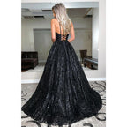 Vestido de fiesta de corte A con escote en V pronunciado y encaje negro con purpurina 