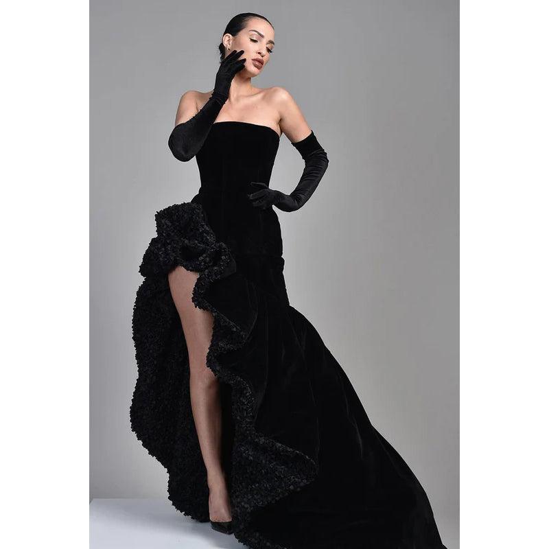 Strapless Thigh Slit Velvet A-Line Prom Gown With Sweep Train