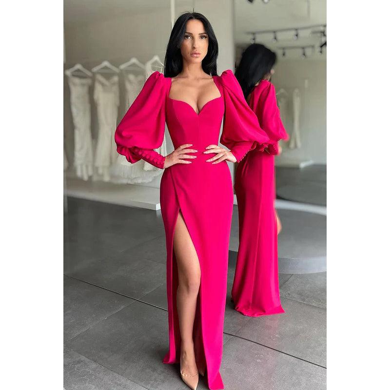 V-Neck Long Sleeves Satin Sheath Long Prom Evening Gown With Slit