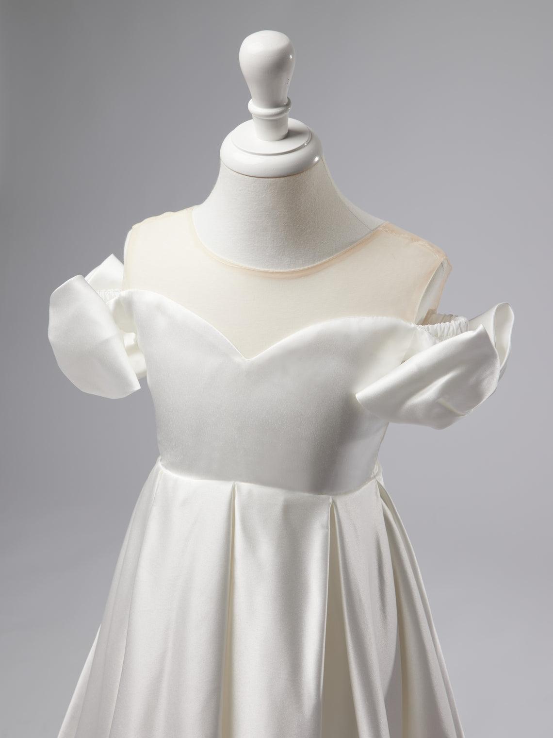 Vestido de niña de las flores color marfil con cola larga de satén 