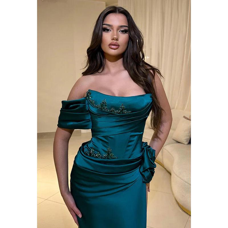 Elegante y lujoso vestido de noche para fiesta, graduación, sin mangas, con abertura lateral y hombros descubiertos