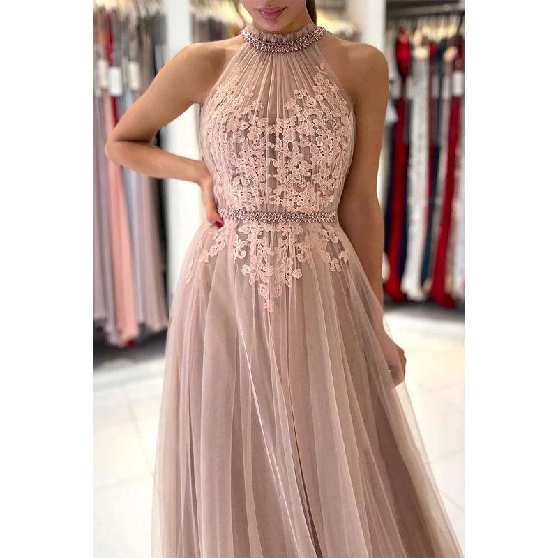 Vestido de noche formal de tul elegante con apliques de encaje y escote alto único 