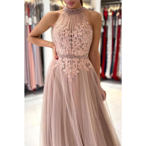 Unique High Neckline Lace Appliques Elegant Tulle Formal Evening Dress