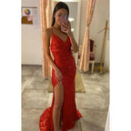 Vestido de noche sin mangas, con escote en V, lentejuelas, abertura en la espalda y corte tubo/columna