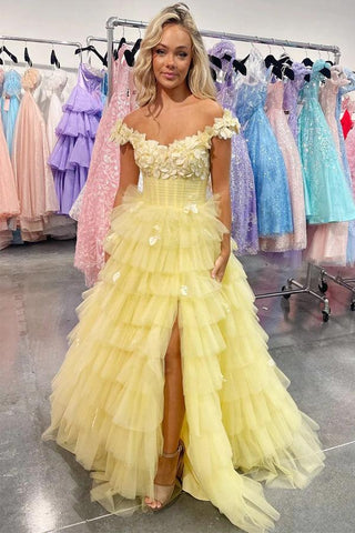 Vestido de fiesta con volantes y hombros descubiertos, encaje floral 3D, PSK563