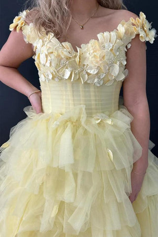 Vestido de fiesta con volantes y hombros descubiertos, encaje floral 3D, PSK563