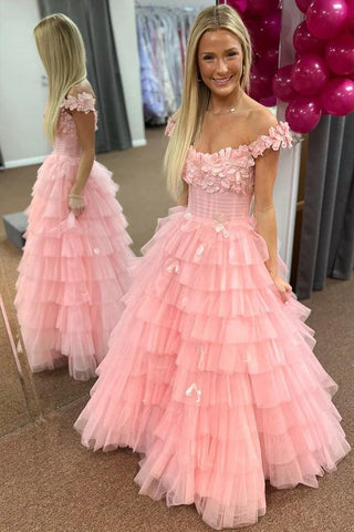 Vestido de fiesta con volantes y hombros descubiertos, encaje floral 3D, PSK563