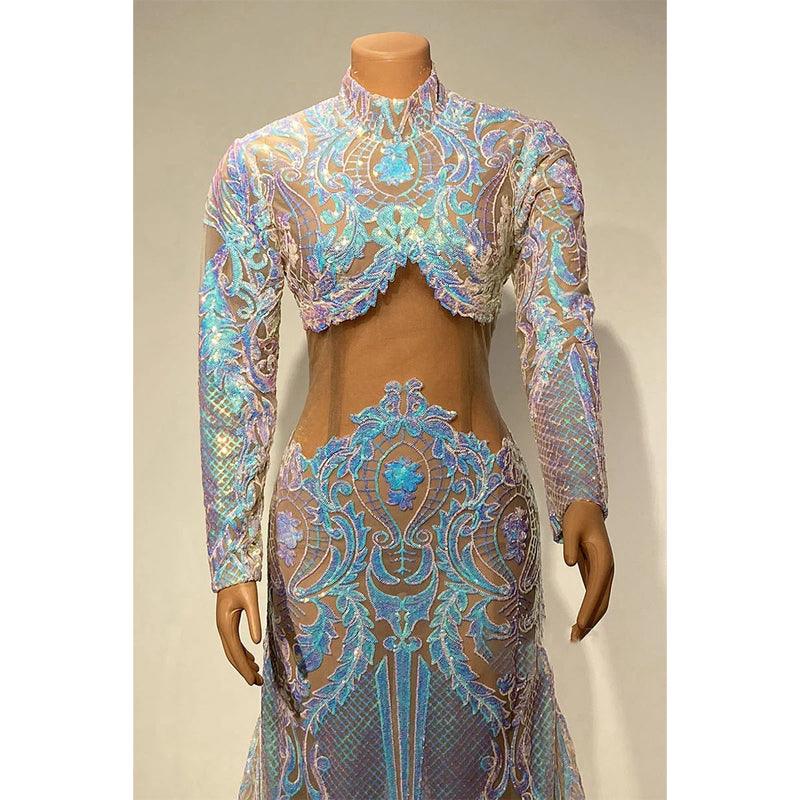Vestido de fiesta de sirena con apliques de lentejuelas y cuello alto único para chica negra 