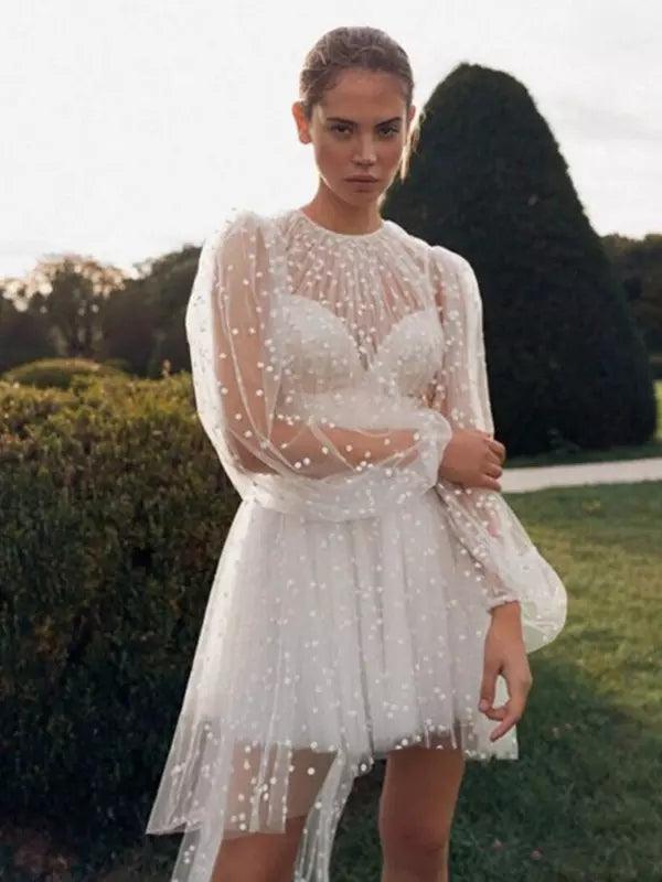 Vestido de novia corto, cuello redondo, manga larga, abotonado en la espalda, vestido de princesa, lunares, satén, sirena, lazo, satén, cola de corte, mangas, blanco, moderno, vestido de novia
