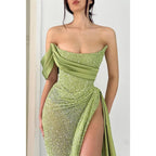 Sheath Strapless High Split Green Long Prom Formal Dress