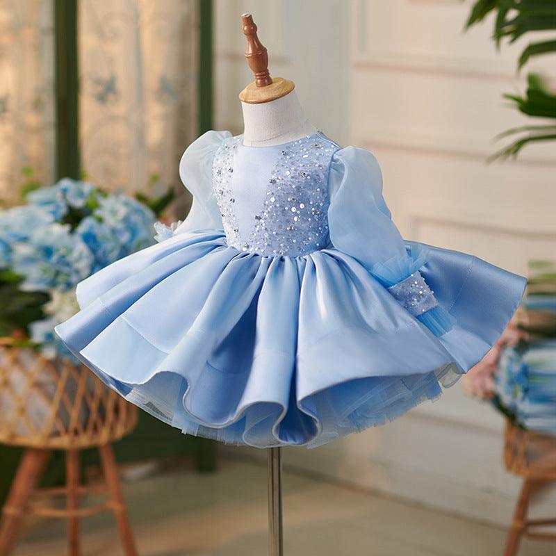 Knielanges blaues Organza-Kleid für Babymädchen 