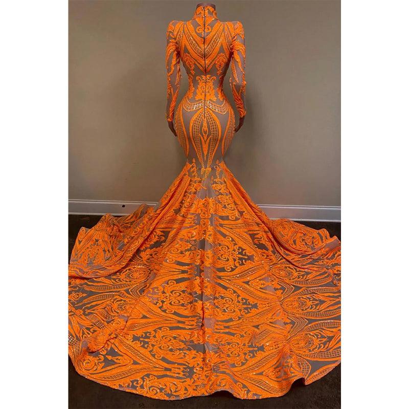 Vestido de fiesta estilo sirena americana con escote alto, apliques de lentejuelas y mangas largas 