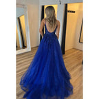 Elegant & Luxurious Straps Backless A-Line Side Slit Tulle Evening Party Prom Dress