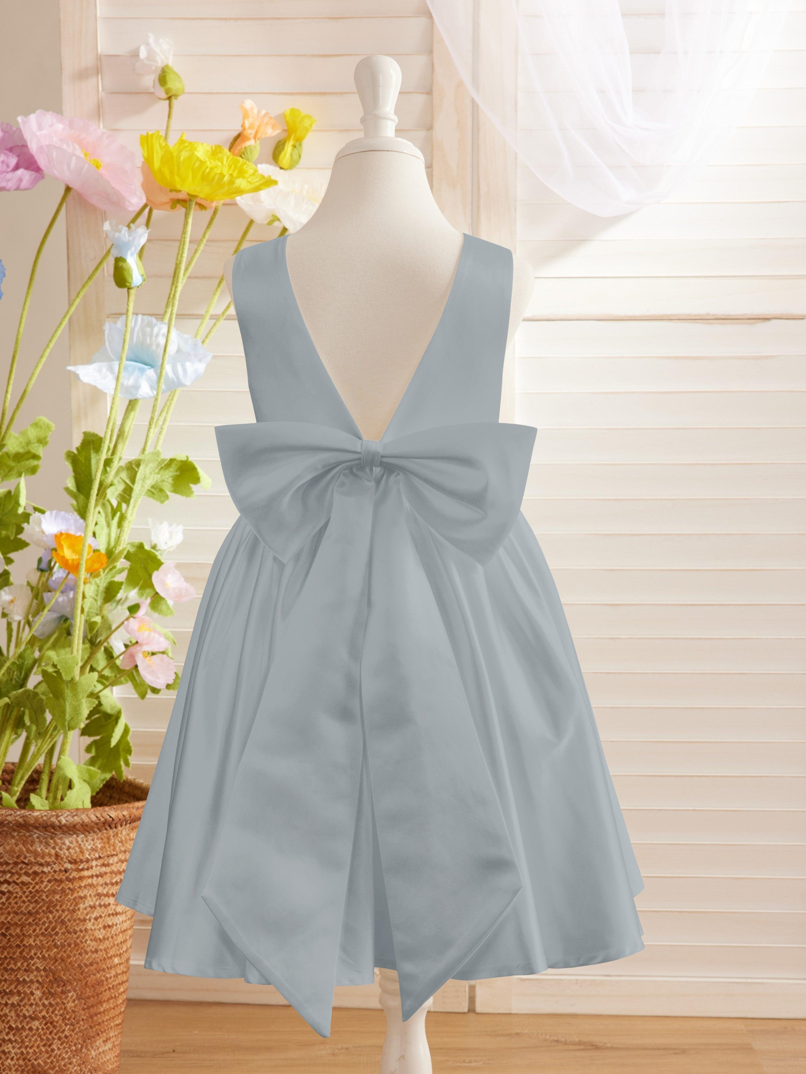 Elegante vestido de niña de las flores de satén con escote en V, corte A y lazo hasta la rodilla 