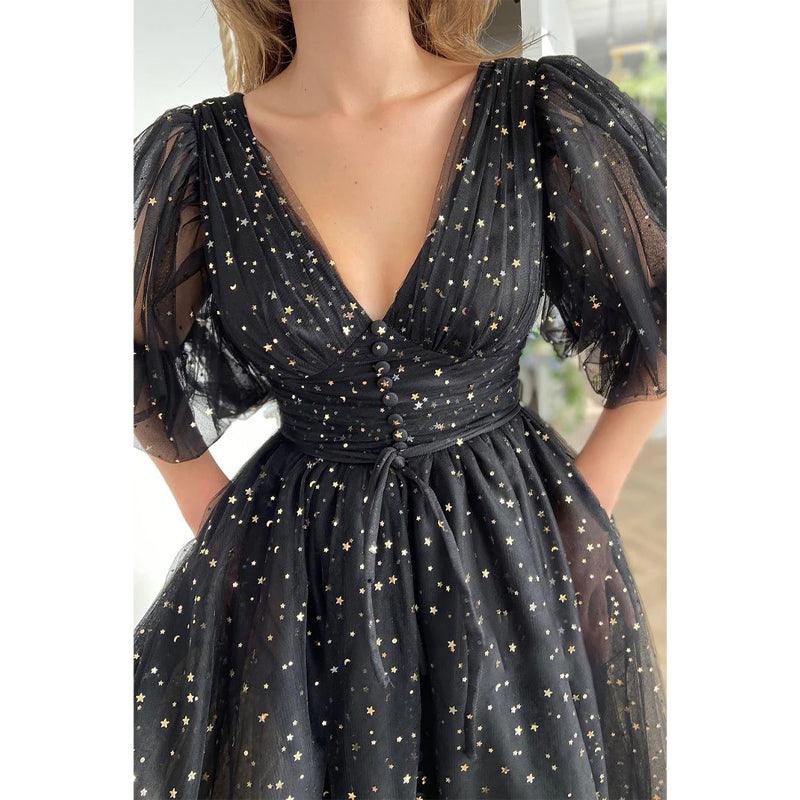 Vestido formal de encaje con estrellas negras, escote en V pronunciado y bolsillos 