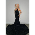 Vestido de noche largo de sirena con escote en V, espalda descubierta, lentejuelas y cola larga