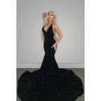 Vestido de noche largo de sirena con escote en V, espalda descubierta, lentejuelas y cola larga