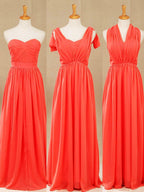 Vestido de dama de honor convertible de gasa coral, corte A, un hombro, cuello halter, sin tirantes, escote en forma de corazón