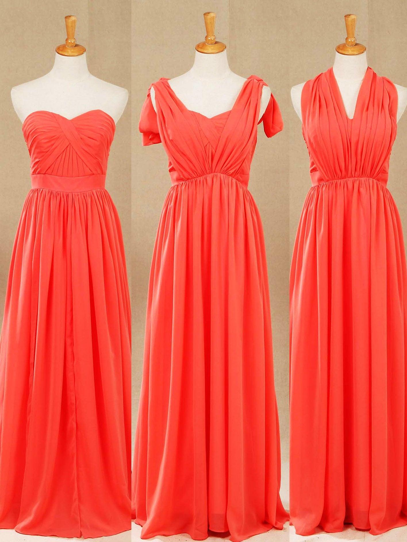 Vestido de dama de honor convertible de gasa coral, corte A, un hombro, cuello halter, sin tirantes, escote en forma de corazón