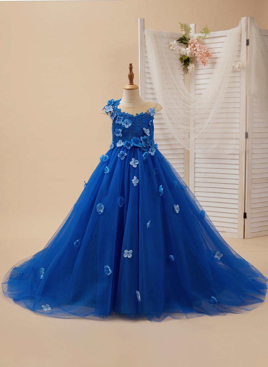 Vestido de princesa para niña de las flores con apliques y lazo azul real 