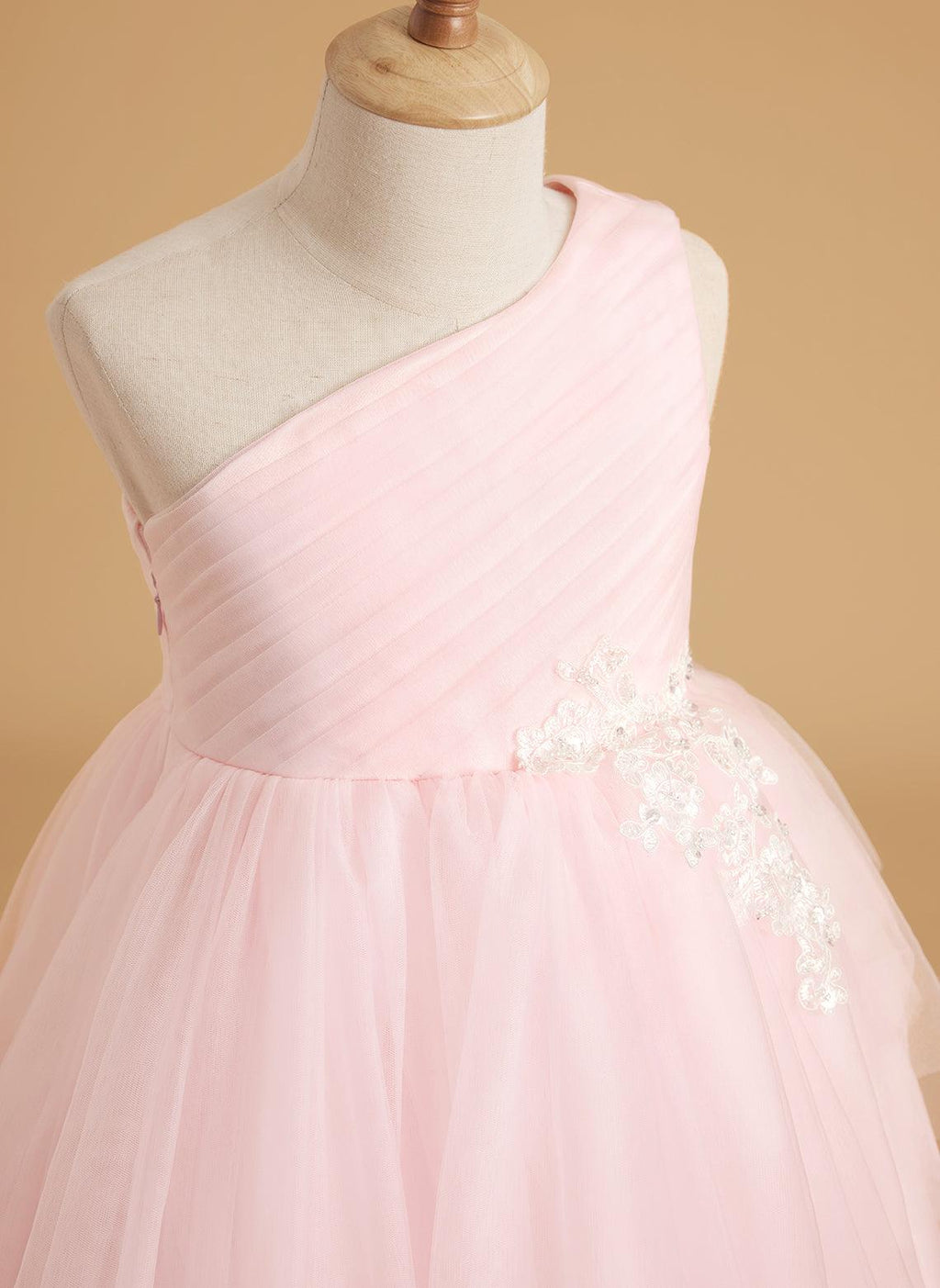 Vestido de niña de las flores estilo princesa, corte A, con un solo hombro, de tul y cola 