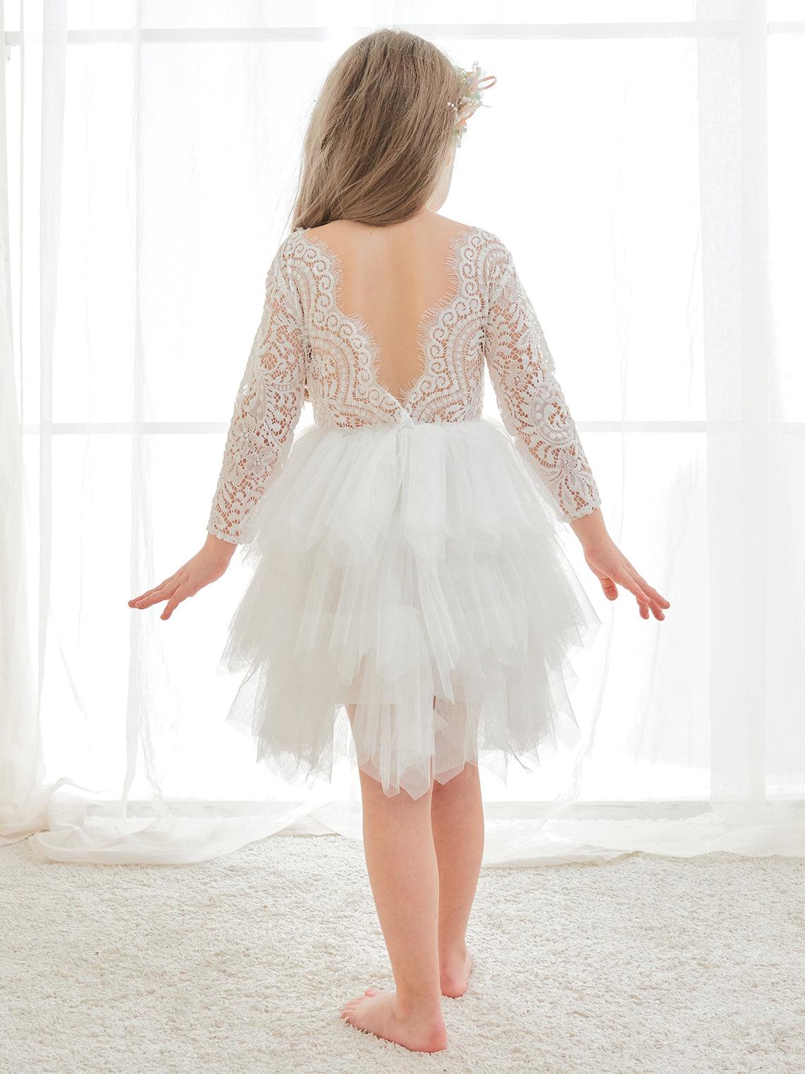 Vestido blanco de tul con encaje hasta la rodilla (2003227580) 