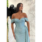 Vestido formal de noche con escote tubo y hombros descubiertos, lentejuelas, pliegues y sin mangas