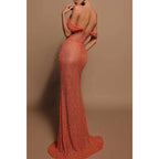Vestido de fiesta formal de sirena con tirantes finos, cuentas y encaje 