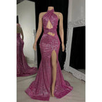 Vestido de fiesta de noche sexy de corte trompeta/sirena, sin mangas, con abertura y lentejuelas y espalda descubierta