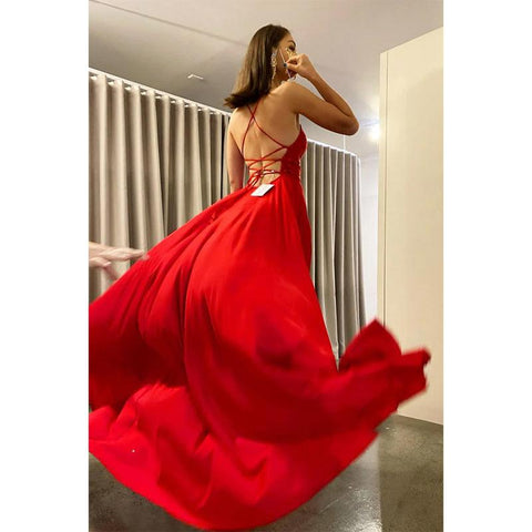 Damen A-Linie Ballkleid mit Spaghettiträgern, Spitzenapplikationen und Schlitz 