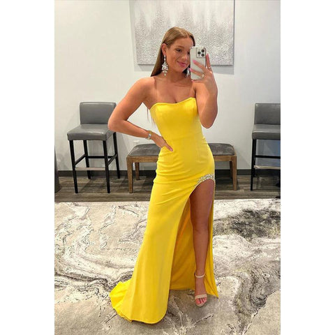 Sweetheart Strapless Beaded Sheath Long Prom Gown With Slit