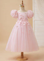 Vestido de tul para niña de las flores, largo hasta la rodilla, con mangas abullonadas y hombros descubiertos, apliques florales 3D 