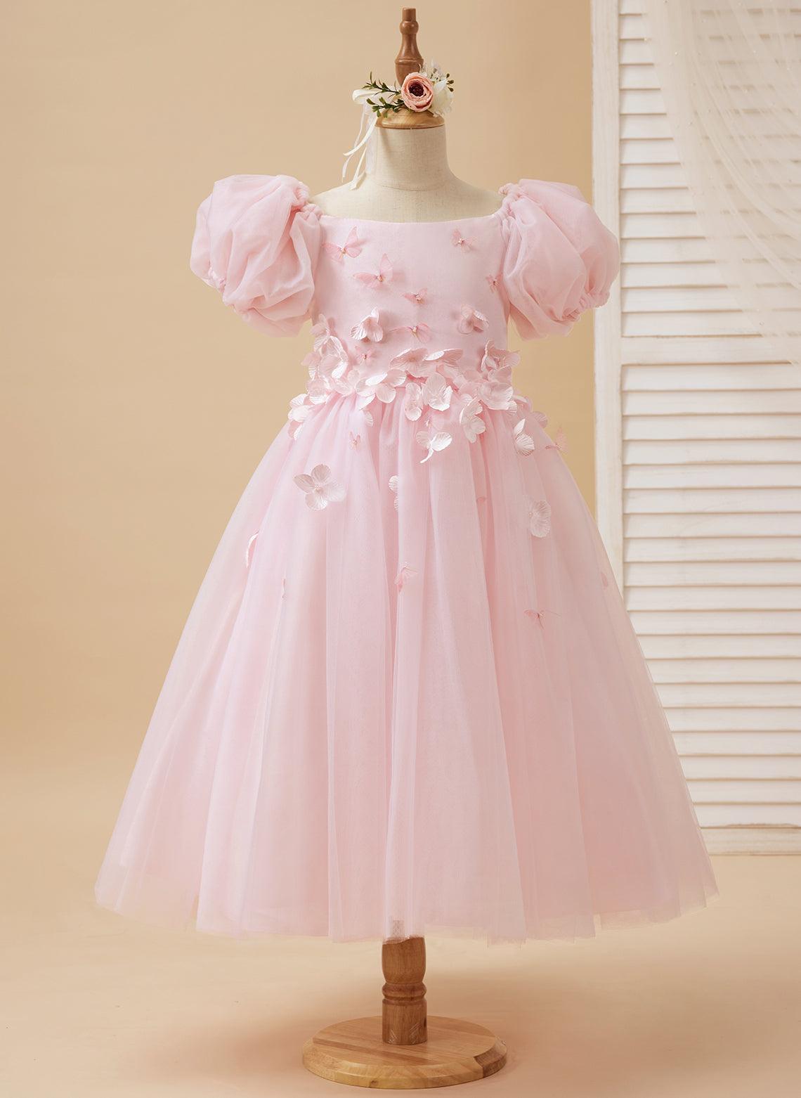 Vestido de tul para niña de las flores, largo hasta la rodilla, con mangas abullonadas y hombros descubiertos, apliques florales 3D 