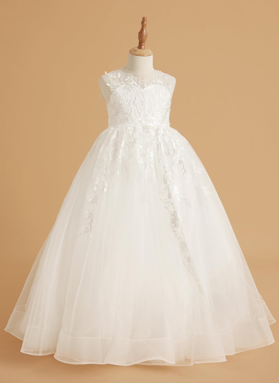 Vestido de niña de flores de tul y encaje color marfil, largo hasta el suelo y elegante lazo (2003227417) 