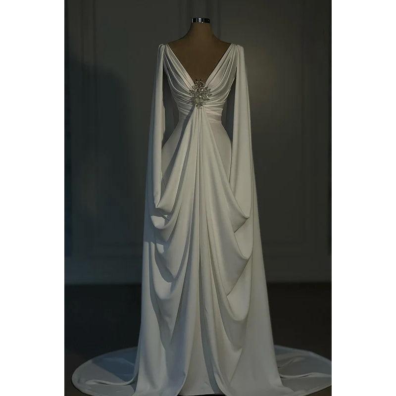 Elegante y lujoso vestido de fiesta de noche con escote en V, mangas largas y fruncido.