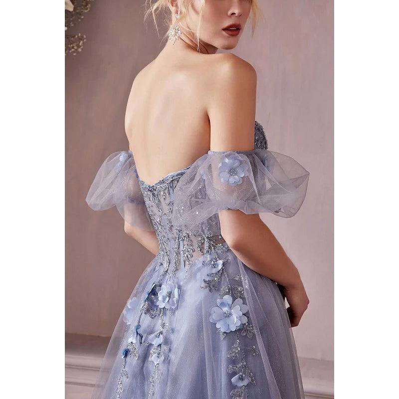 Vestido de fiesta largo de tul fruncido con apliques florales, sin tirantes y escote en forma de A